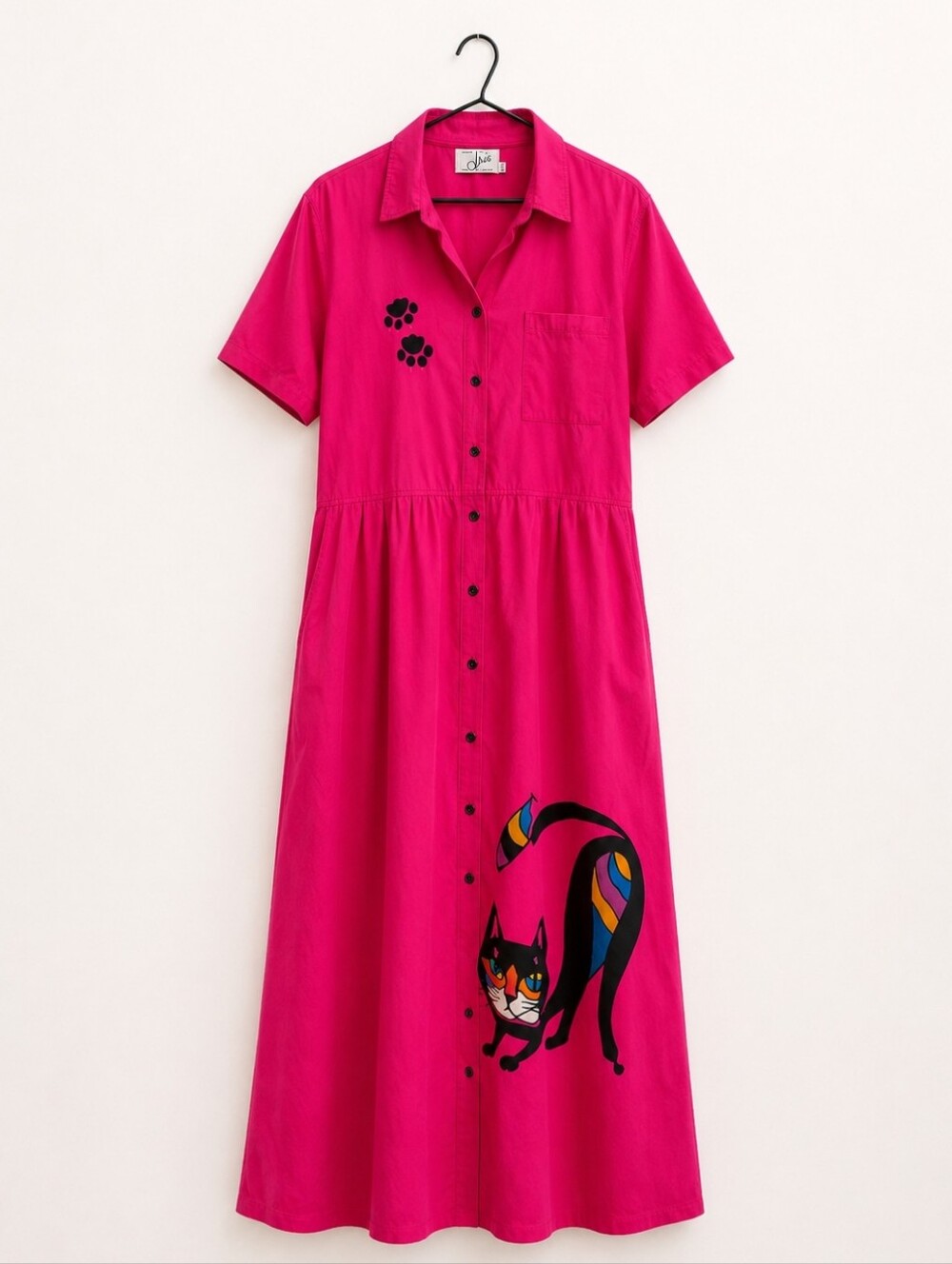 Vintage Iris 80's Colourful Pink Cat Print Maxi Dress | 100% Cotton Pockets Tall - Picture 4 of 10